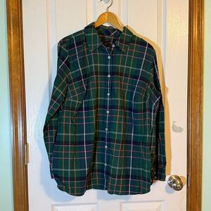 Talbots Plus Festive Green/Black/Red Metallic Plaid Button Up Blouse 1X